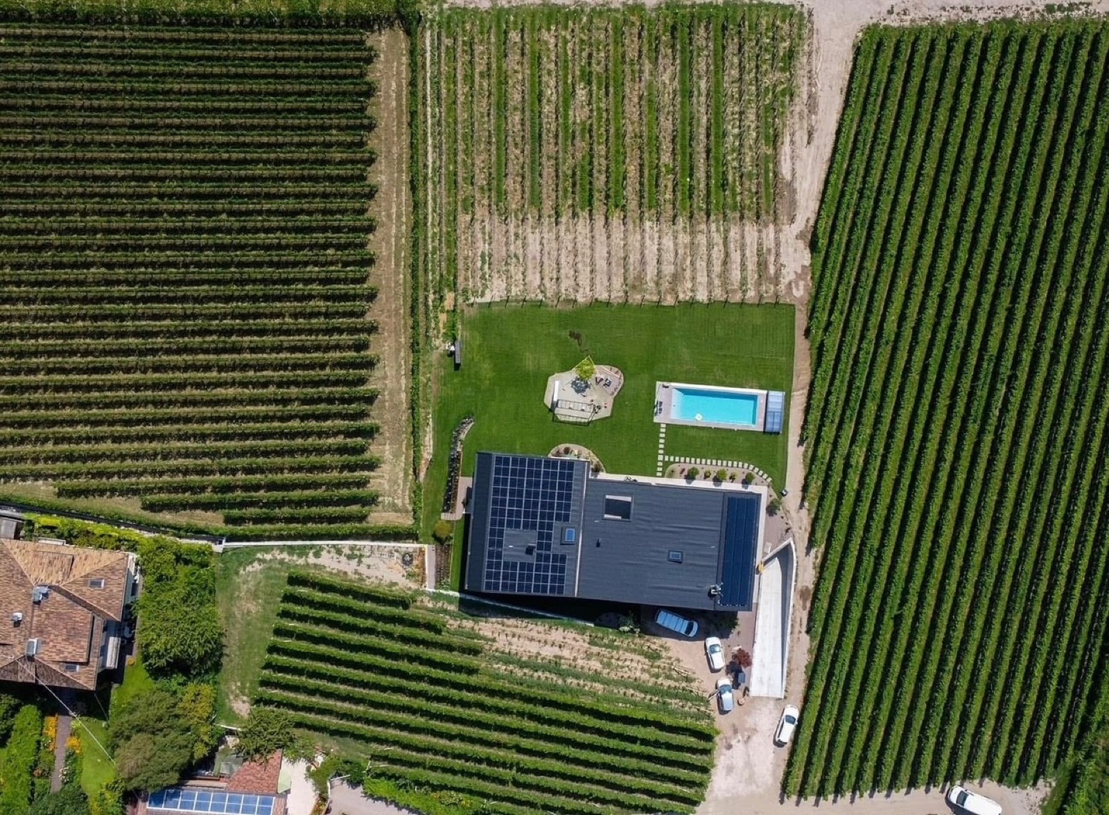 Vogelperspektive Trianglhof mit Photovoltaik und Pool